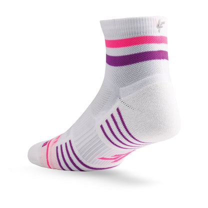 Heel view of Lightfeet Performance 2 Stripes White Pink Purple Quarter Socks 