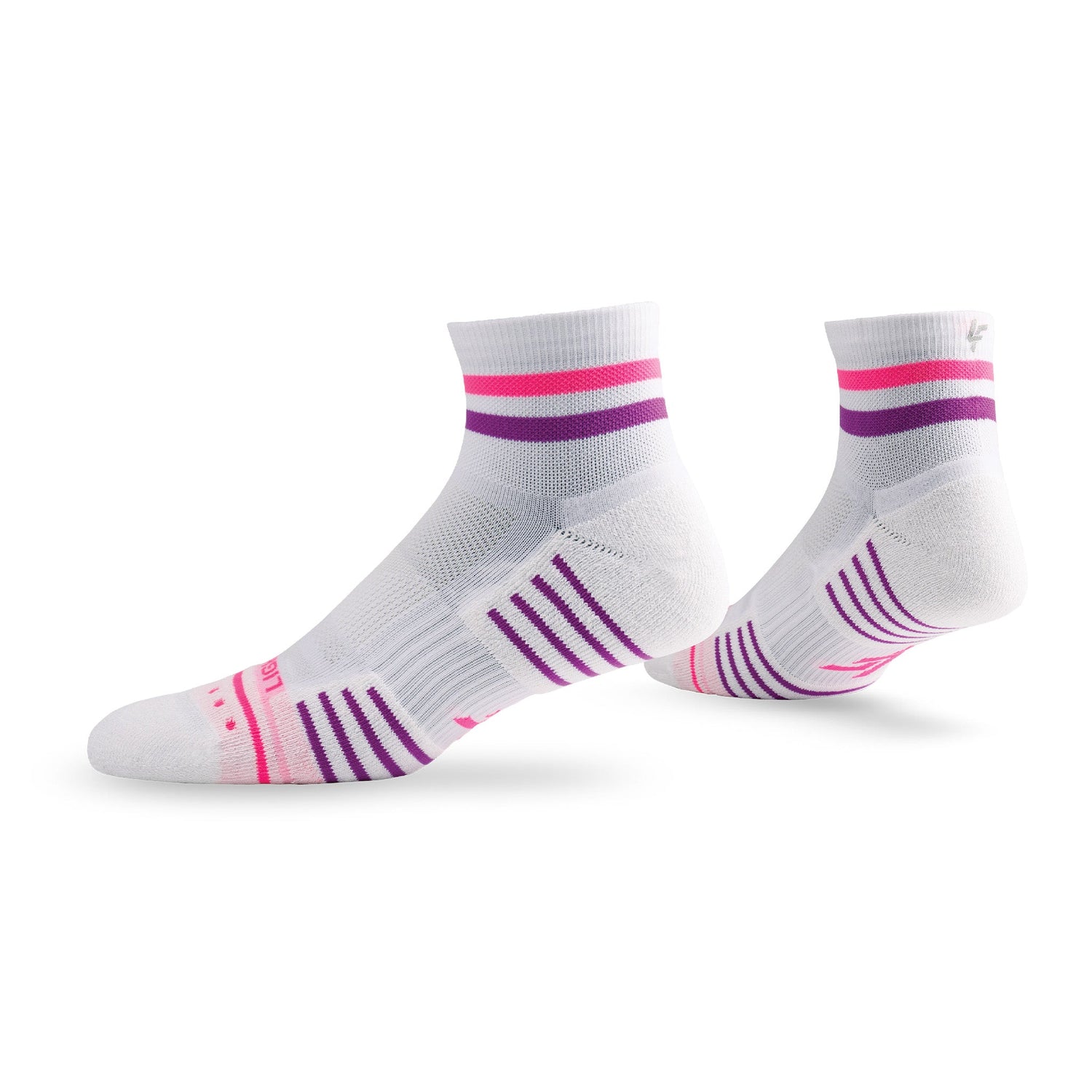 Pair of Lightfeet Performance 2 Stripes White Pink Purple Quarter Socks 