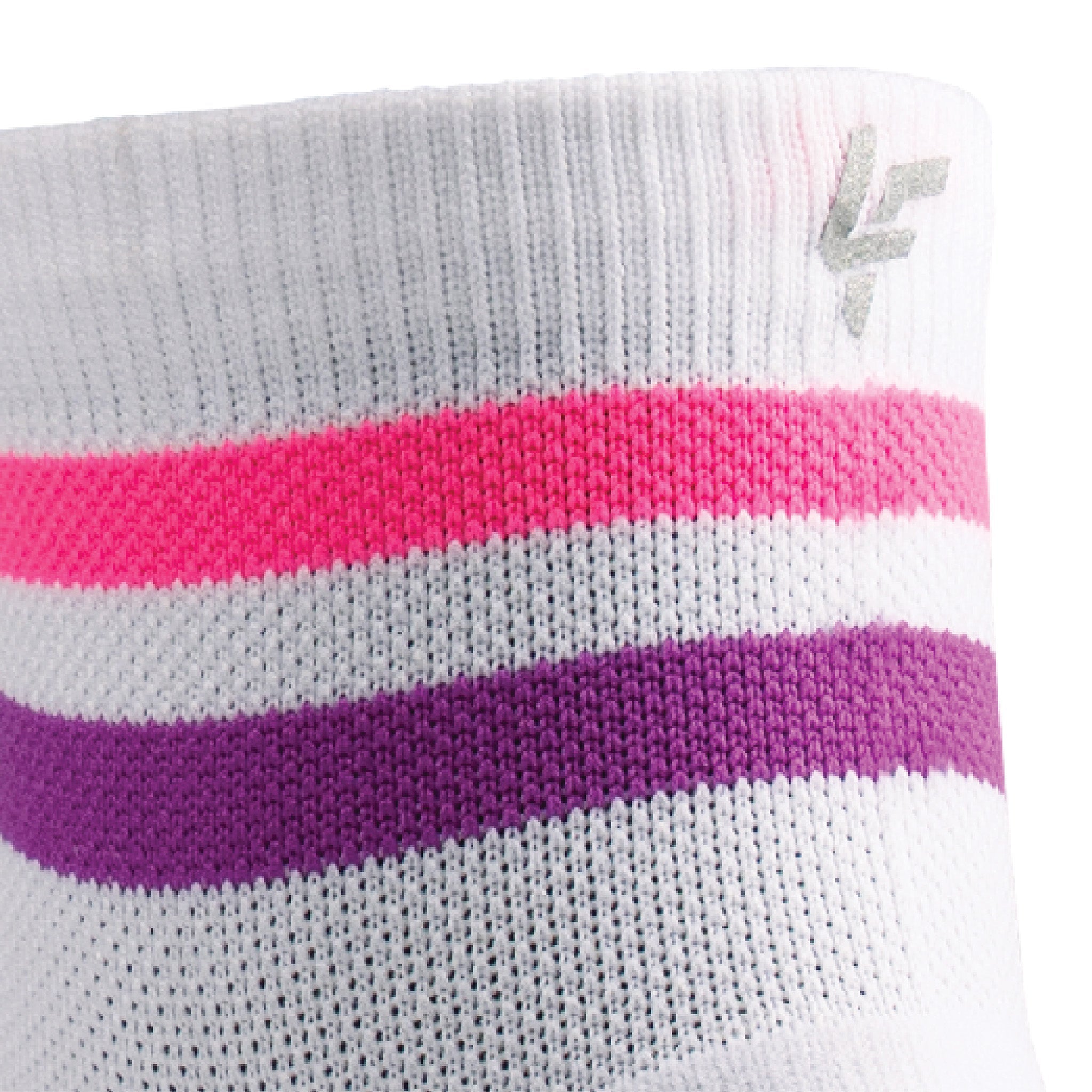 Close up view of reflective print symbol on Lightfeet Performance 2 Stripes White Pink Purple Quarter Socks 
