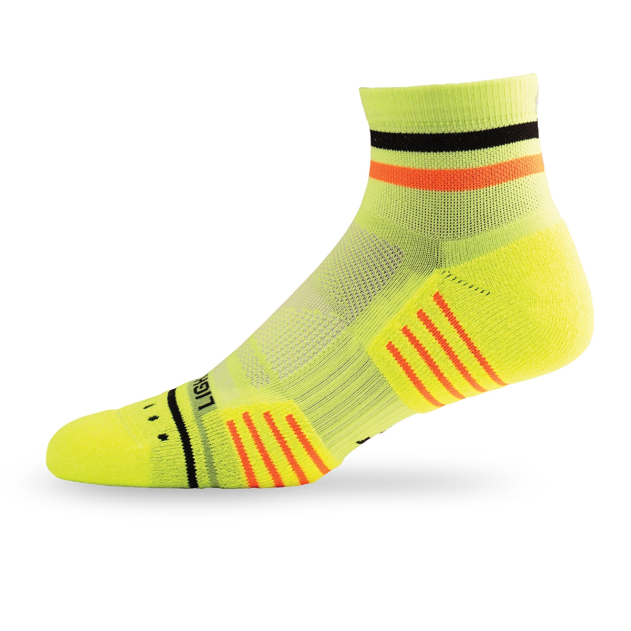 Side view of Lightfeet Performance 2 Stripes Yellow Black Orange Quarter Socks 
