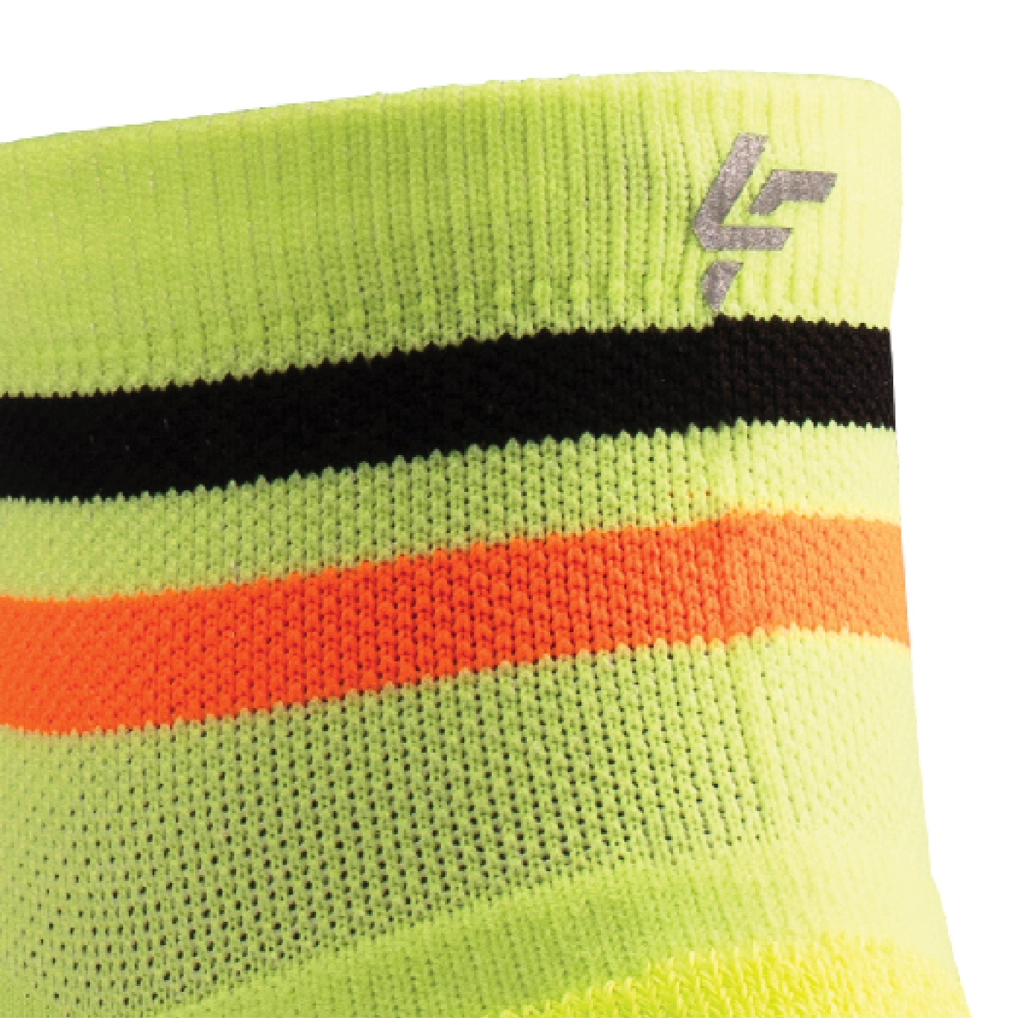 Close up view of reflective print symbol on Lightfeet Performance 2 Stripes Yellow Black Orange Quarter Socks 