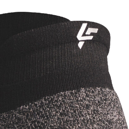 Close up view of reflective symbol on Lightfeet Performance Black Ankle Sock 