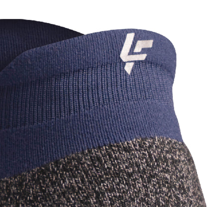 Close up view of reflective symbol on Lightfeet Performance Navy Ankle Sock 