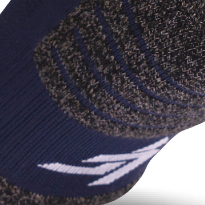 Close up view of elastic arch of Lightfeet Performance Navy Ankle Sock 