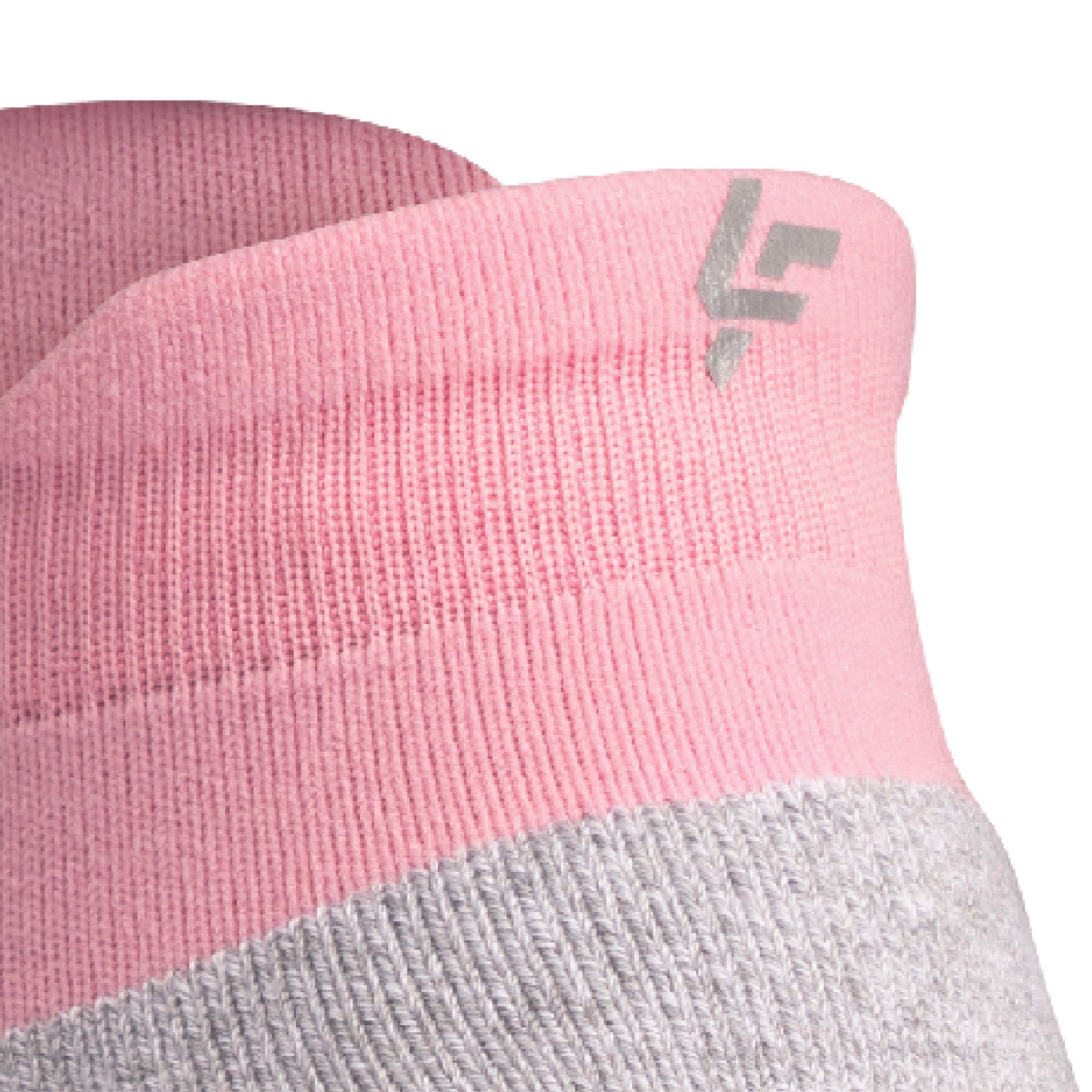Close up view of reflective symbol on Lightfeet Performance Soft Pink Ankle Sock 