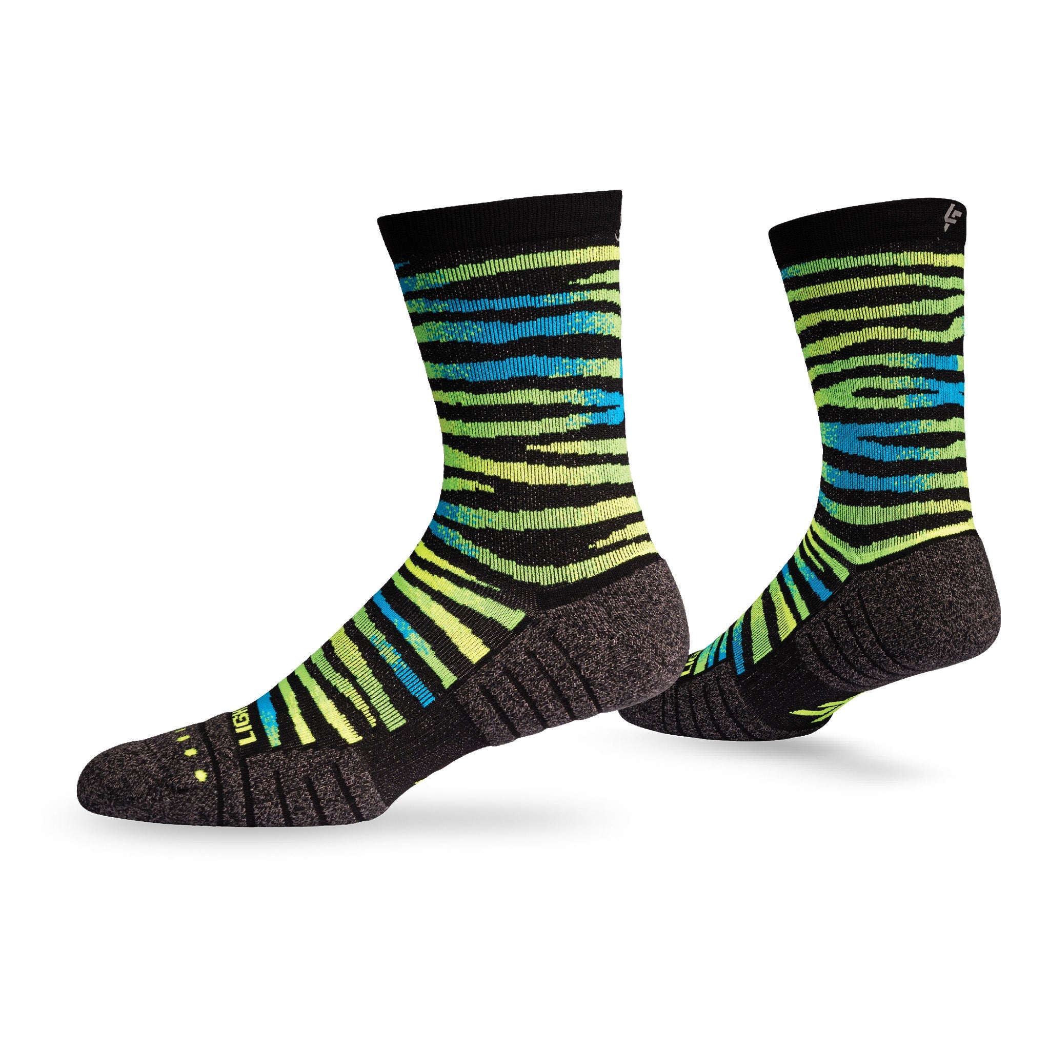 Pair of Lightfeet Performance Predator Black Yellow Aqua Half Crew Socks 