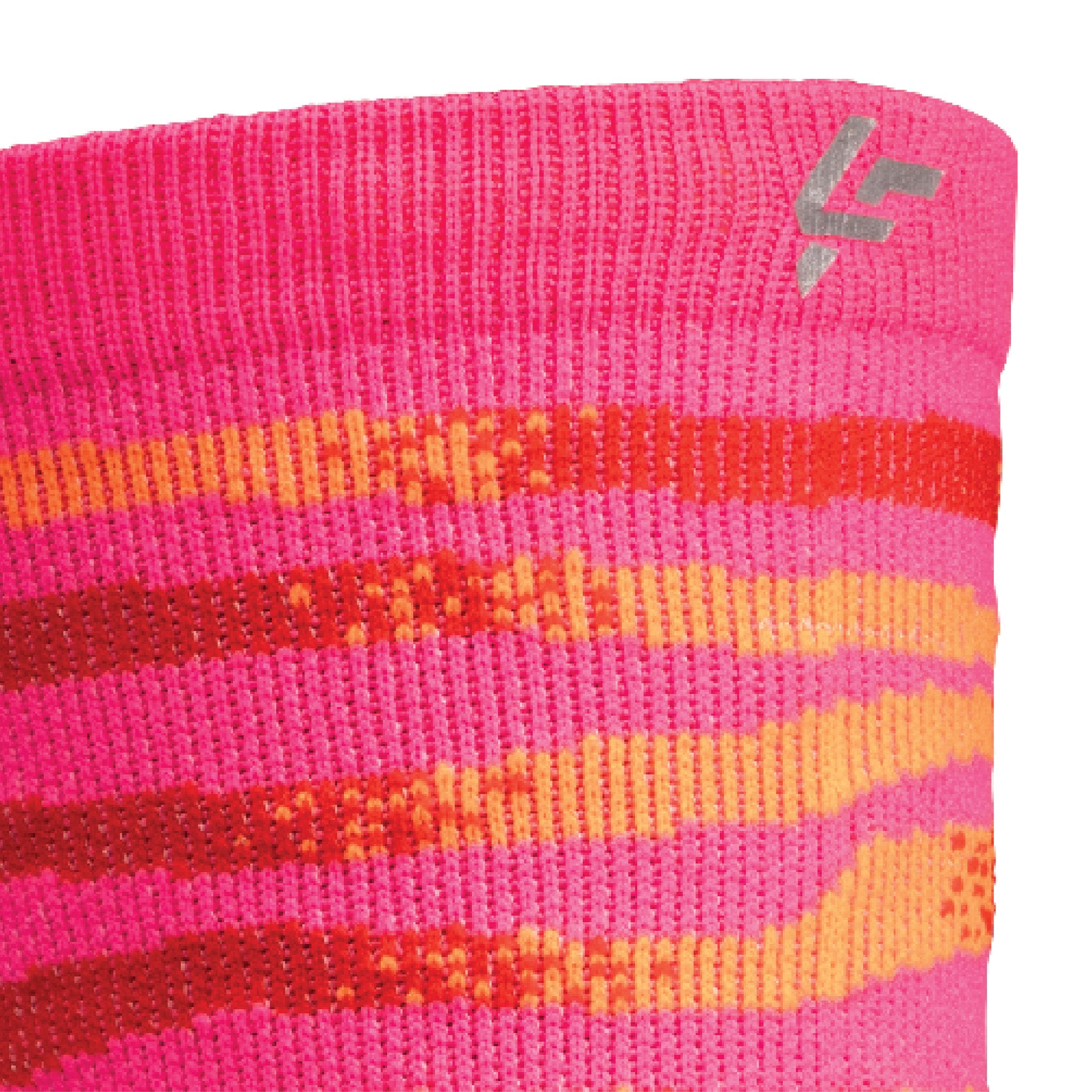 Close up view of reflective print symbol on Lightfeet Performance Predator Pink Red Orange Half Crew Sock 