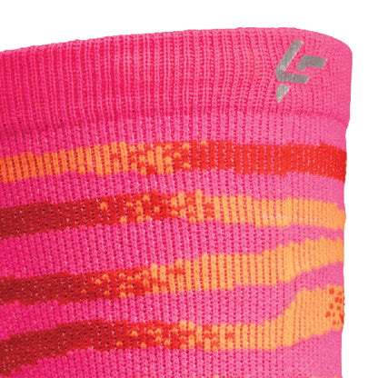 Close up view of reflective print symbol on Lightfeet Performance Predator Pink Red Orange Half Crew Sock 