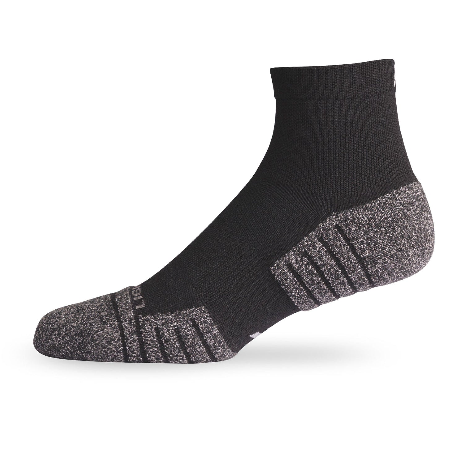 Side view of Lightfeet Performance Black Quarter Crew Sock 