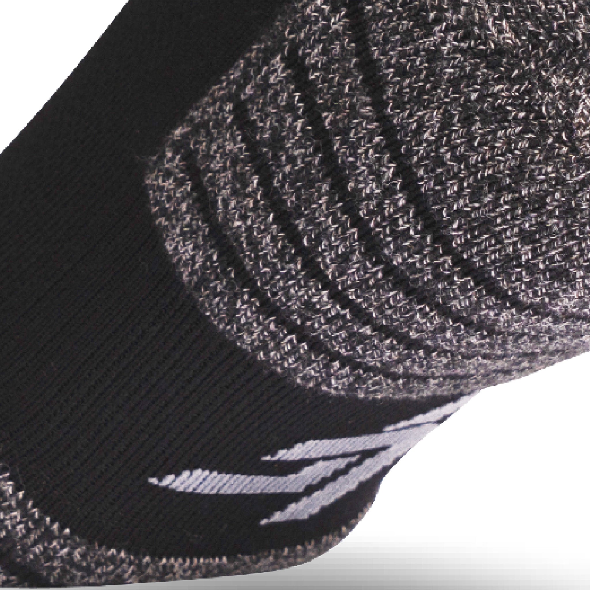 Close up view of elastic arch of Lightfeet Performance Black Quarter Crew Sock 