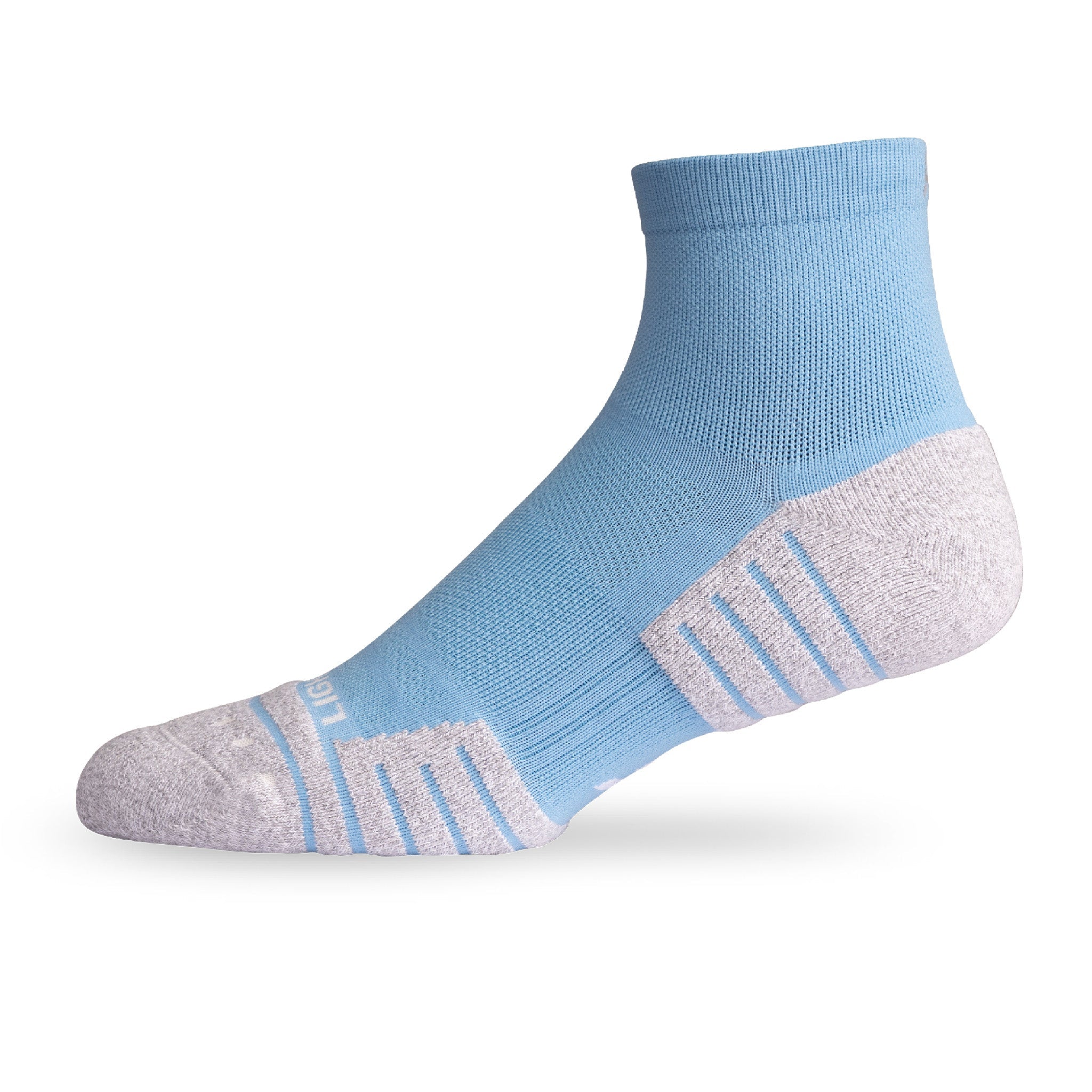 Side view of Lightfeet Performance Soft Blue Quarter Crew Sock 