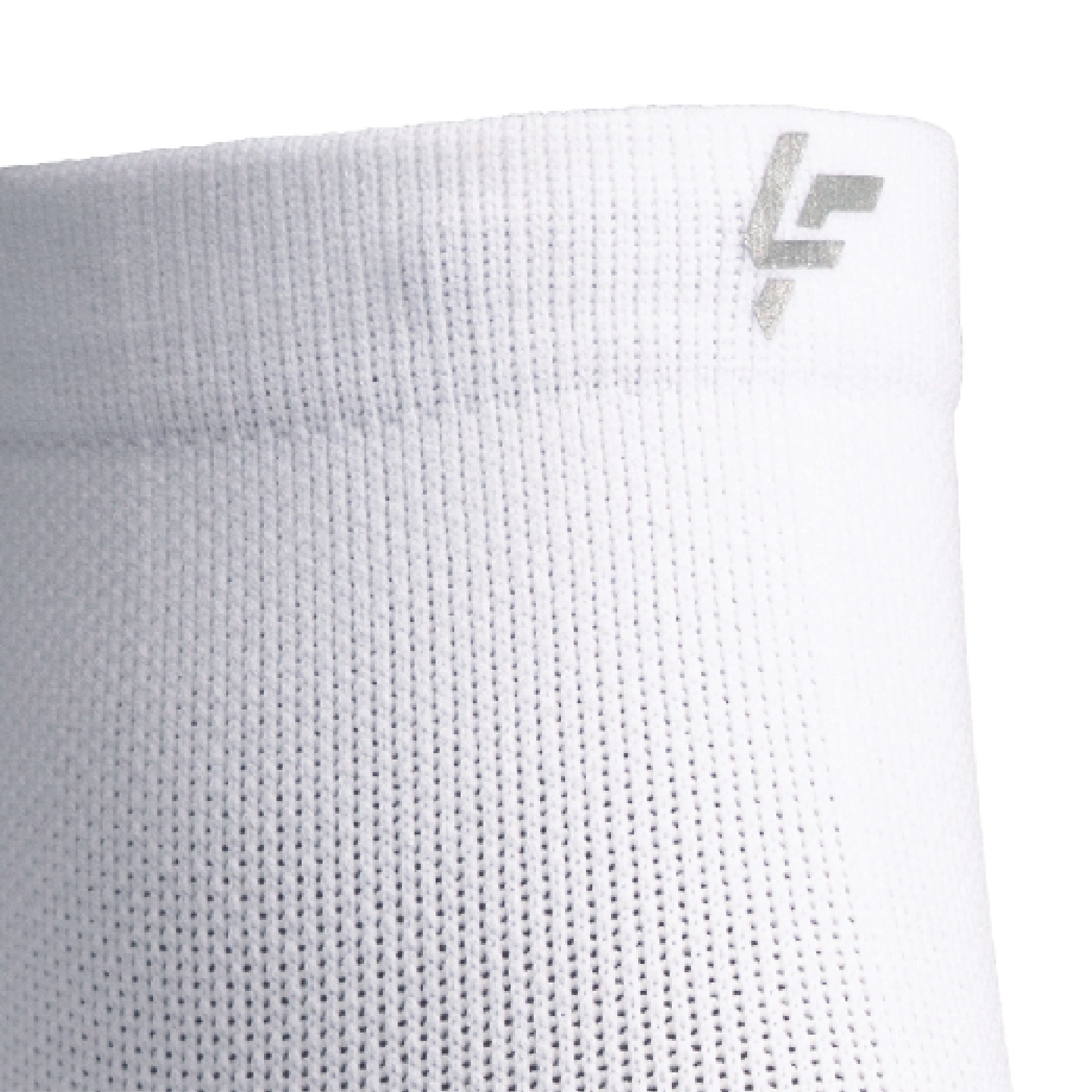 Close up view of reflective symbol on Lightfeet Performance White Quarter Crew Sock 