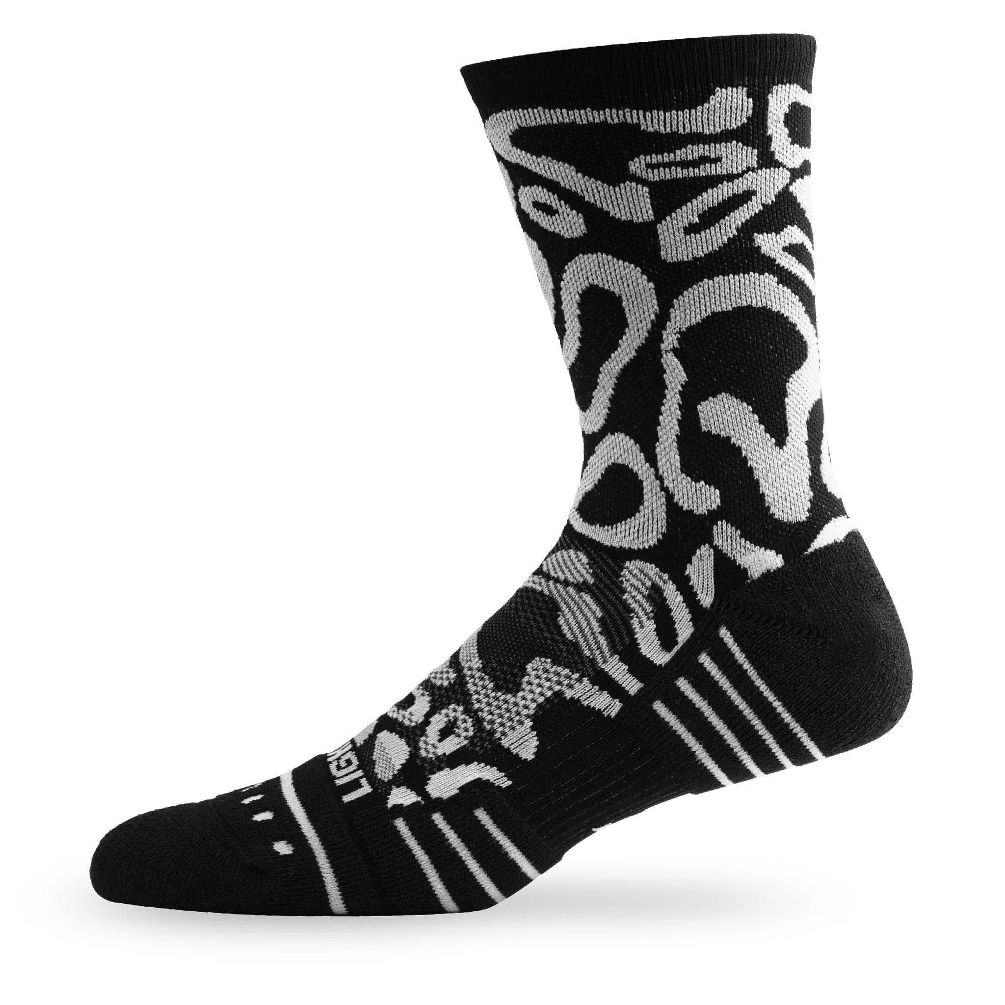 Side view of Lightfeet Performance Scribbles Black White Crew Socks 