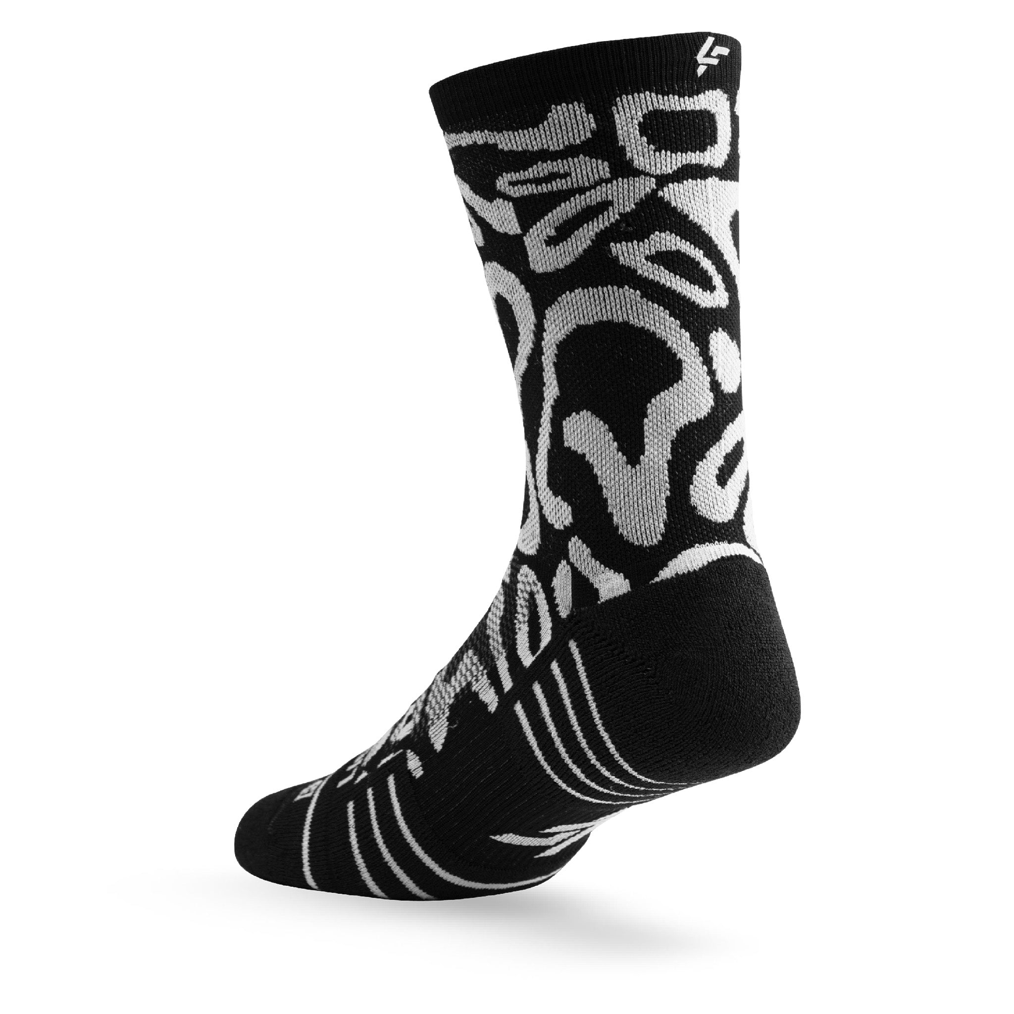 Heel view of Lightfeet Performance Scribbles Black White Crew Socks 