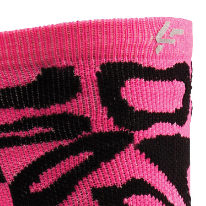 Close up view of reflective print symbol on Lightfeet Performance Scribbles Pink Black Crew Socks 