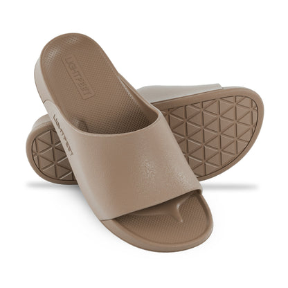 Pair of latte Lightfeet Single Strap Slide