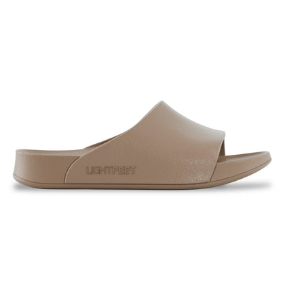 Lateral side view of latte Lightfeet Single Strap Slide