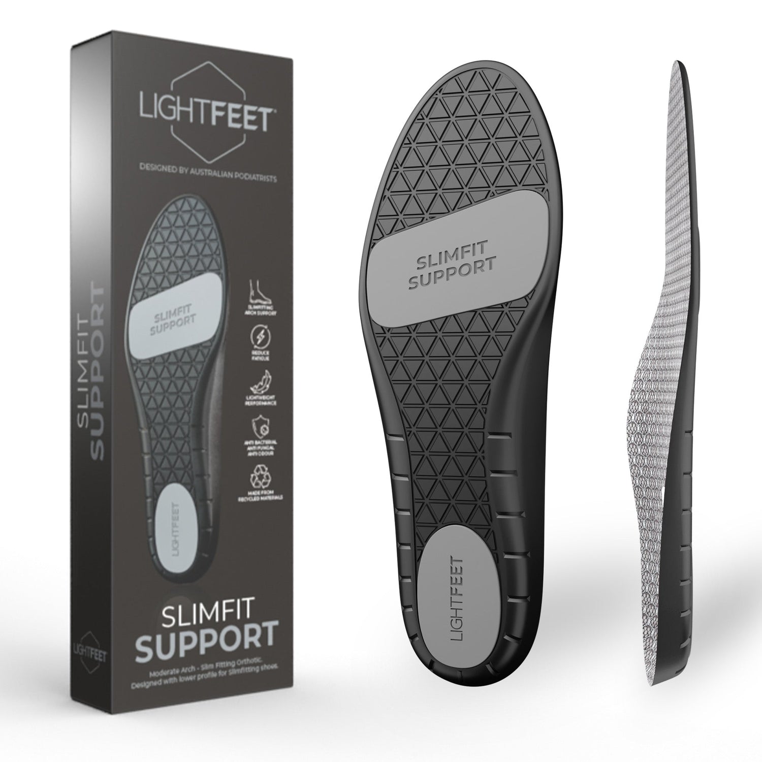 Image of Lightfeet Slimfit Support Orthotic Insoles showing the packaging and the bottom and side profile of the insole 