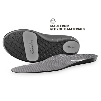 Pair of Lightfeet Slimfit Support Orthotic Insoles showing the bottom of one insole and the side profile of the other insole